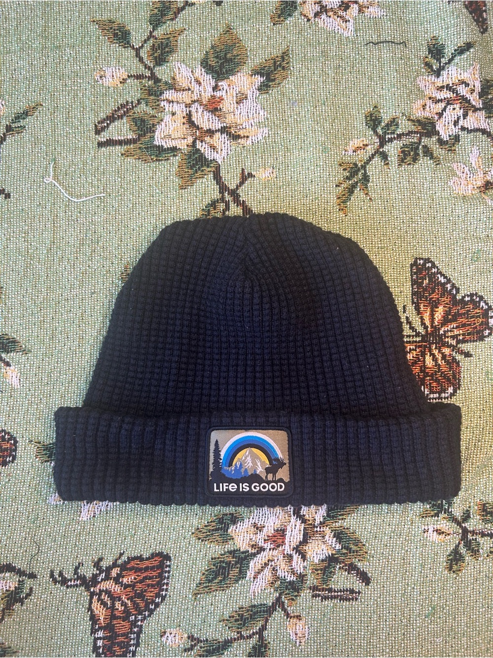 Life is Good black waffle knit cuff beanie with embroidered logo Unisex